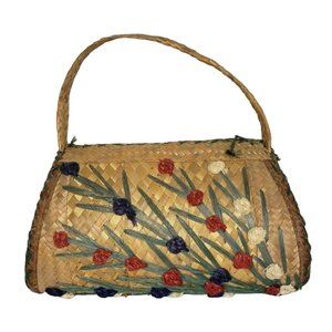 VINTAGE FLORAL WICKER PURSE TOP HANDLE HANDBAG